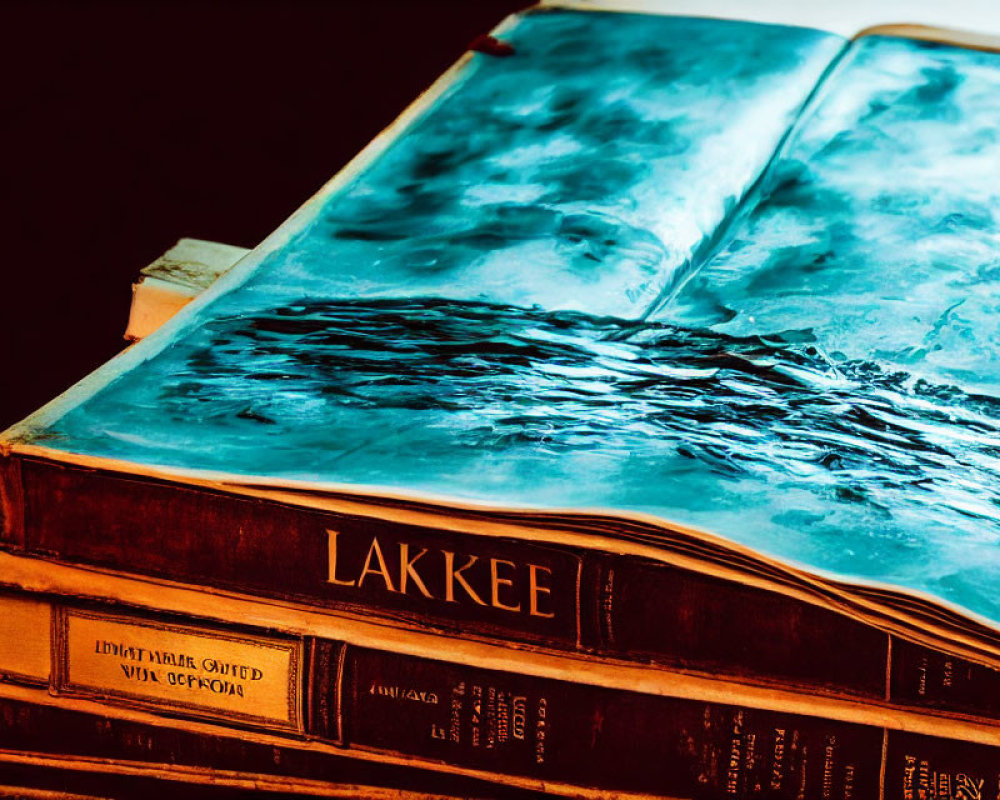 Vibrant blue water illusion on open book atop stack of hardcovers
