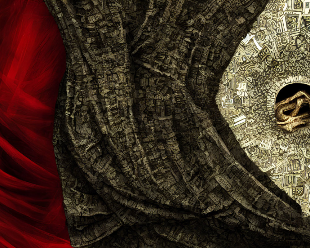 Abstract Fractal Digital Art: Red and Grey Swirling Textures with Circular Golden Motif