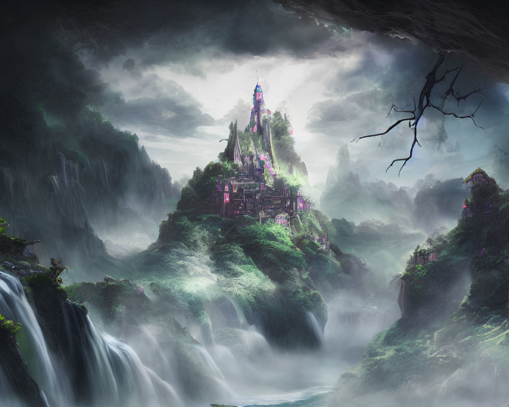 Majestic castle on hill surrounded by waterfalls in mystical landscape