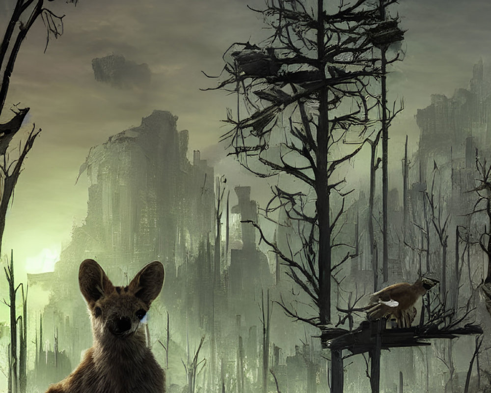 Fox in post-apocalyptic landscape with dead trees and ruins under gloomy sky