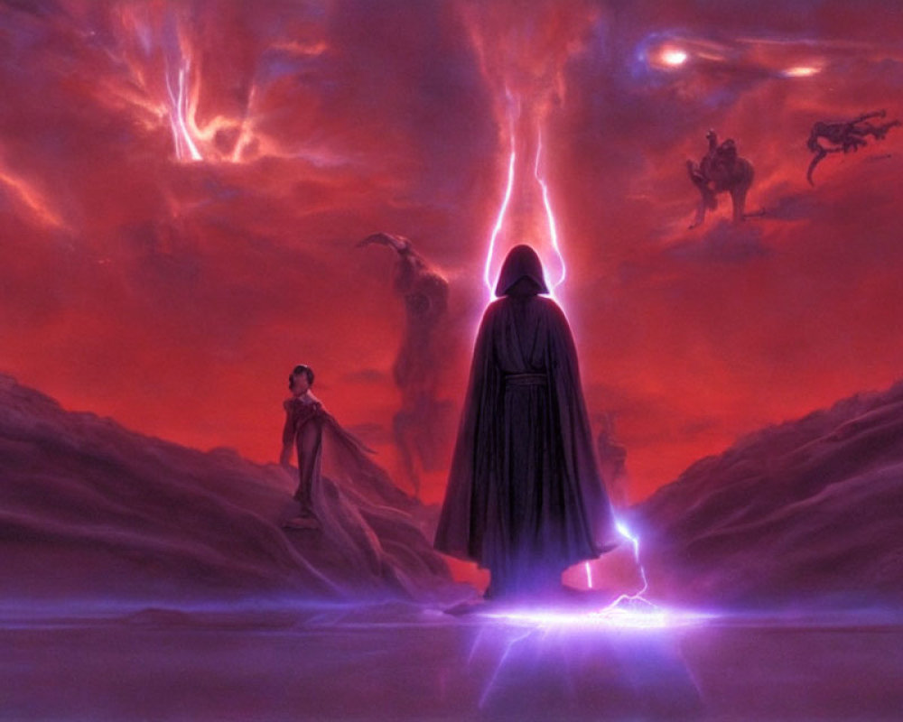 Lightsaber duel on volcanic landscape with stormy sky and flying creature