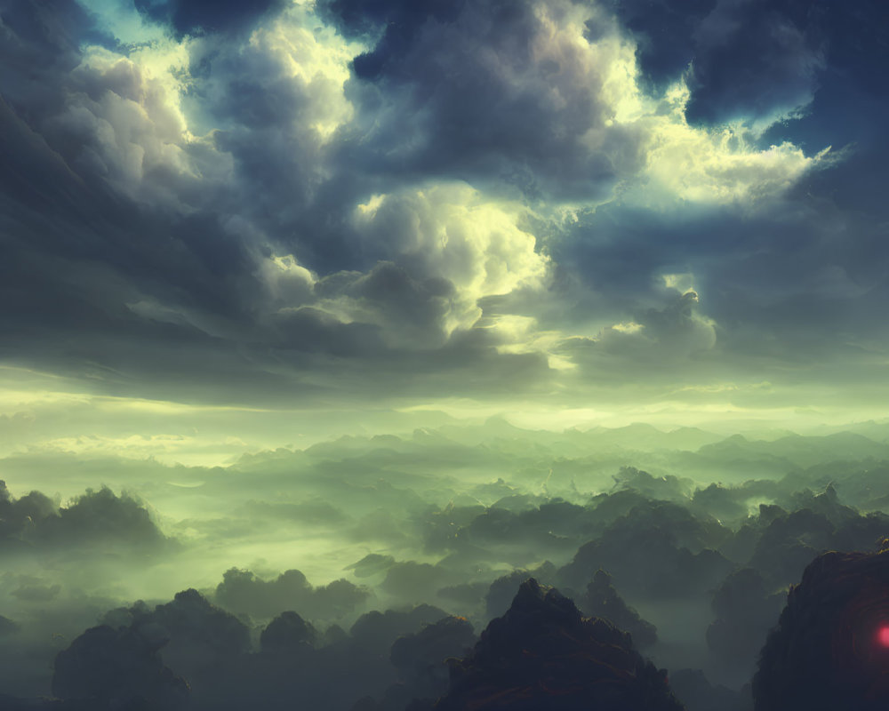 Layered Mountains Under Dramatic Sky: Mystical Landscape with Soft Glowing Light