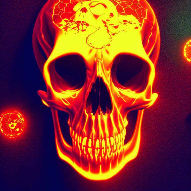 Intense fiery orange skull with glowing eyes in digital art piece