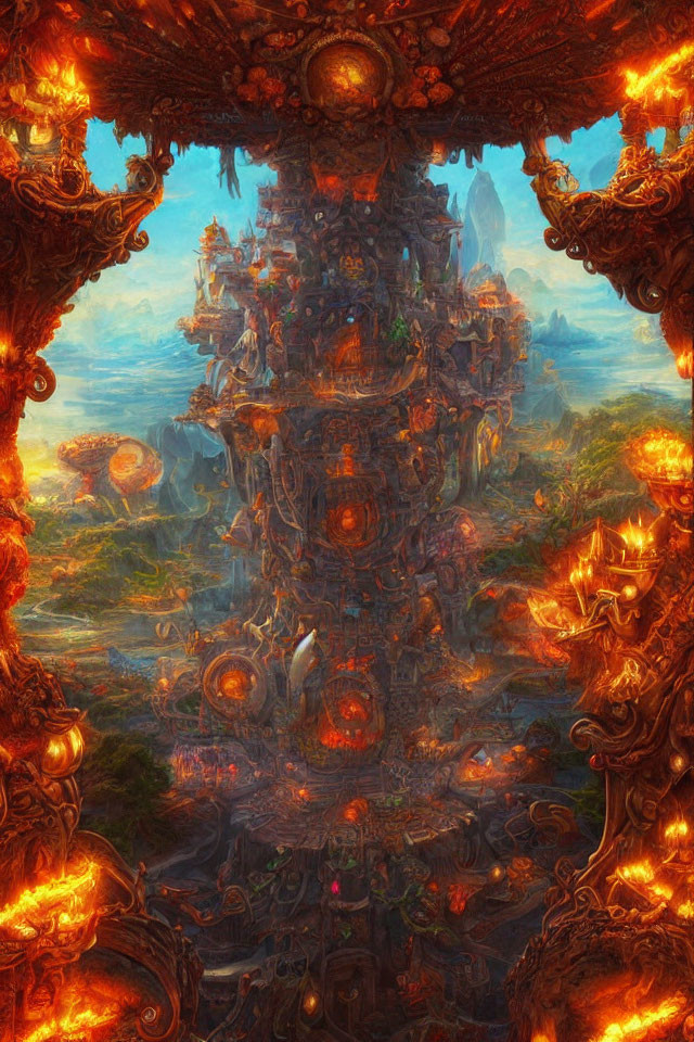 Vertical fantasy cityscape with ornate glowing architecture