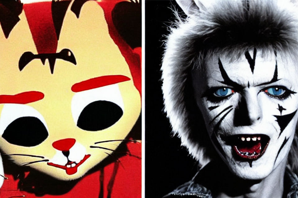 Contrasting cartoon cat and tiger-inspired makeup side by side