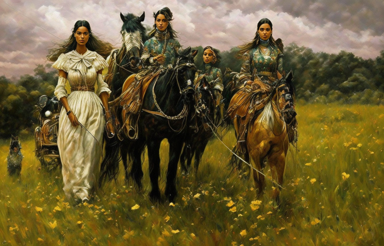 Four women on horseback in historical clothing under stormy sky