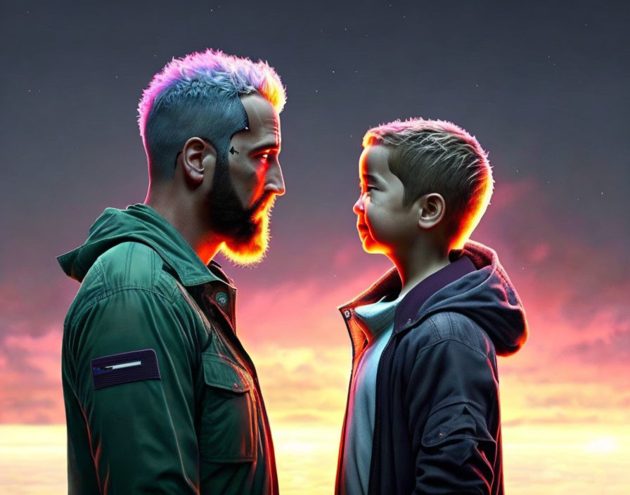 Man and boy in profile under twilight sky with neon-lit hair and features