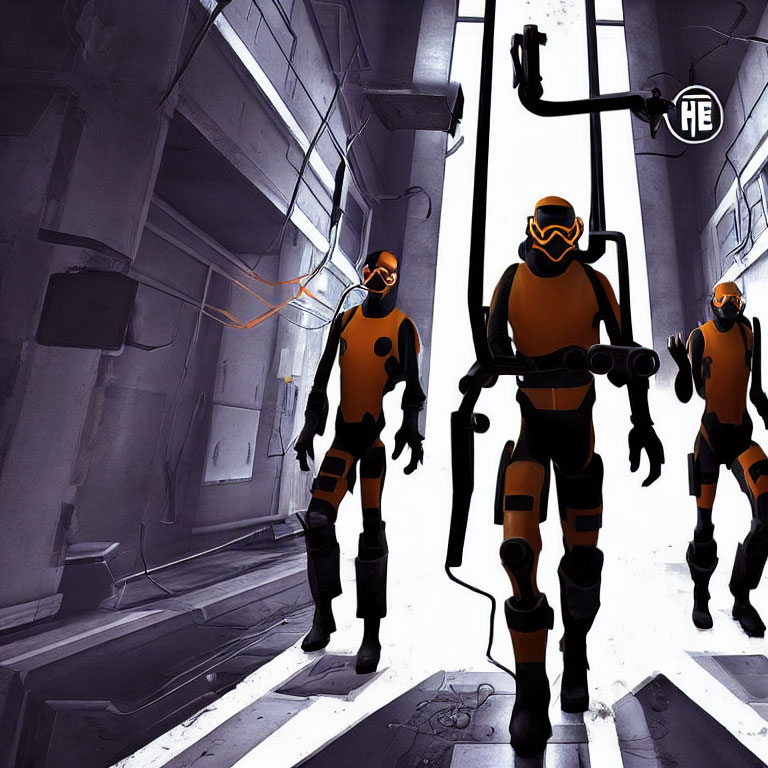 Futuristic soldiers in orange and black suits in dimly lit spaceship corridor