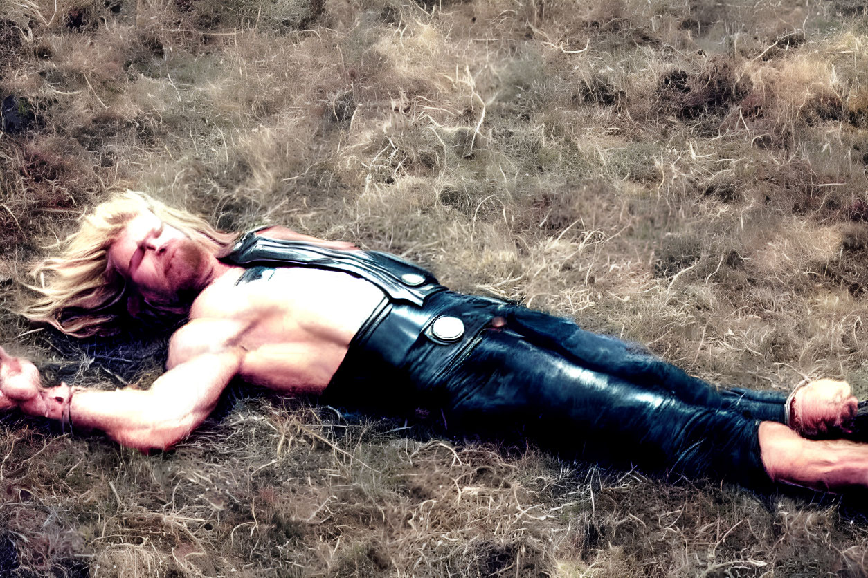 Blonde man in black leather vest lying in dry grass