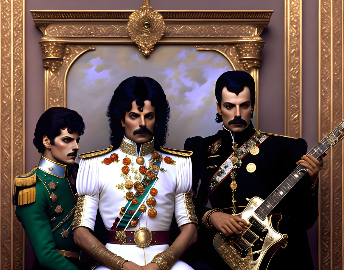 Stylized figures in regal outfits with golden guitar on ornate backdrop