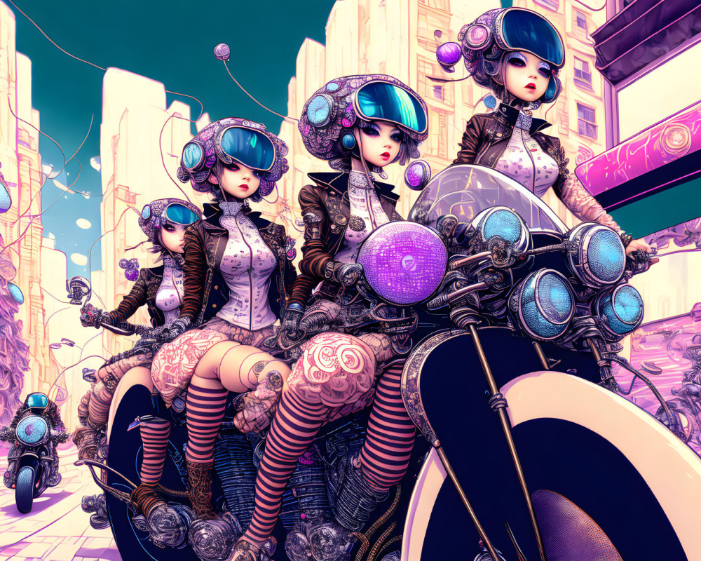 Futuristic women in colorful helmets ride motorcycle in vibrant sci-fi cityscape