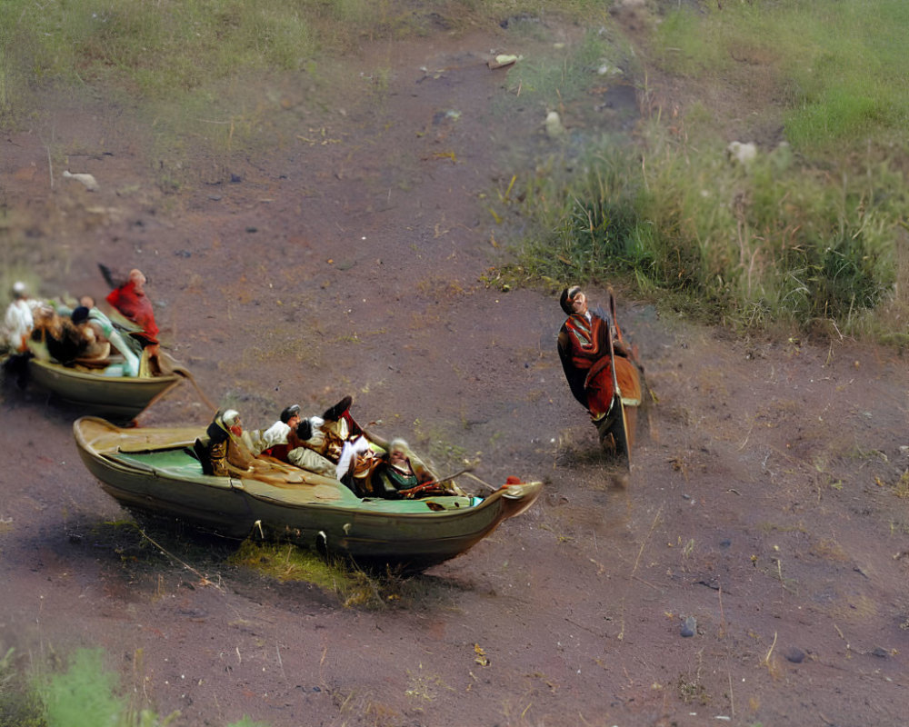 Historical group in rowboats led by person in orange cloak.