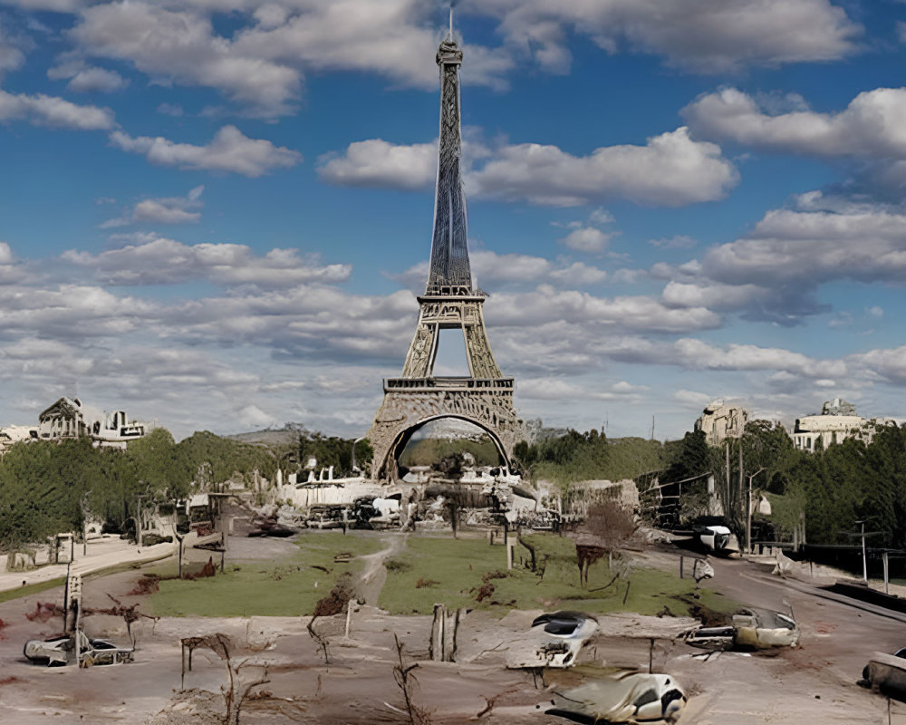 Desolate dystopian Eiffel Tower scene with abandoned cars and cloudy sky