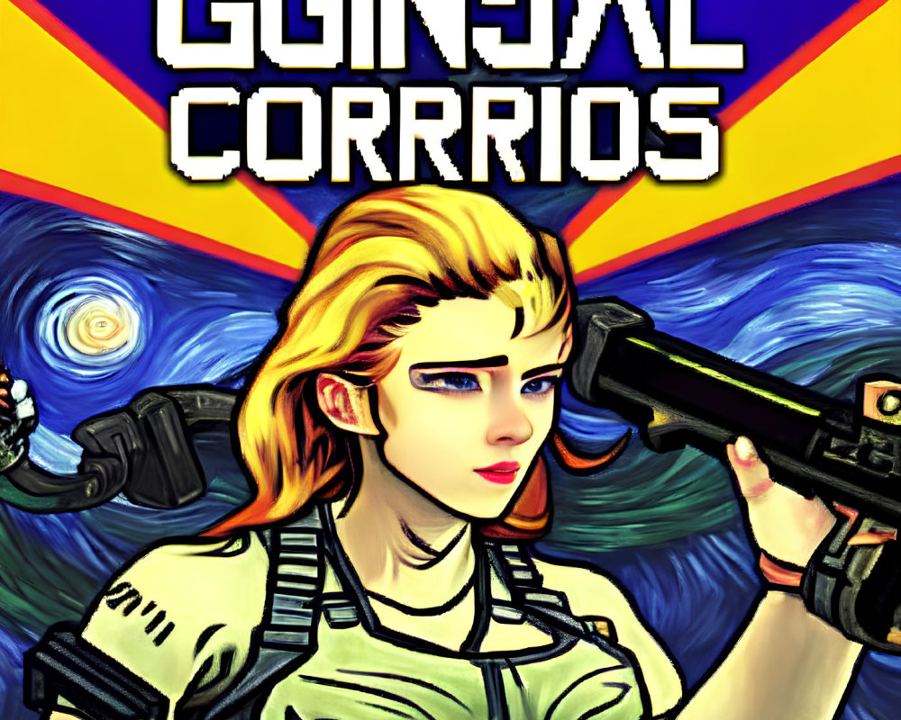 Blonde female character with gun in abstract blue and yellow backdrop.