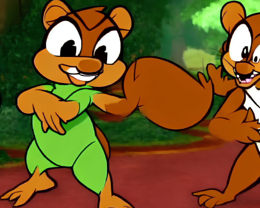 Cheerful cartoon chipmunks in green outfit posing in forest