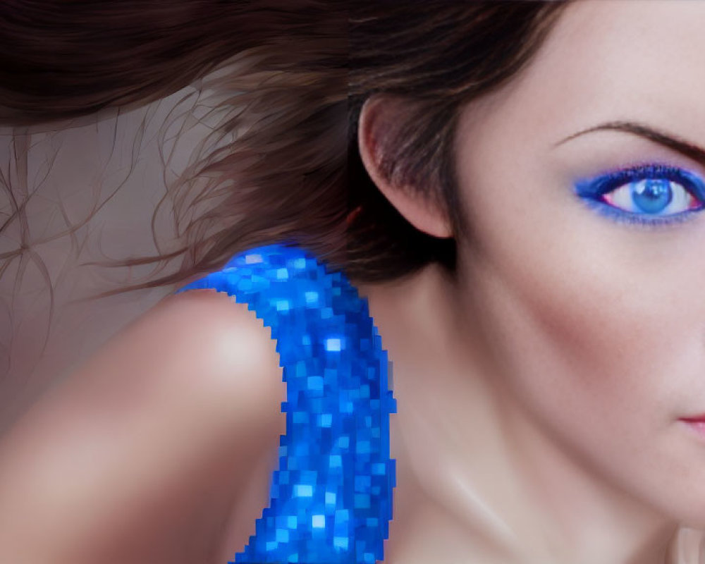 Close-up of woman with blue eye makeup, sequined dress, and flowing brown hair