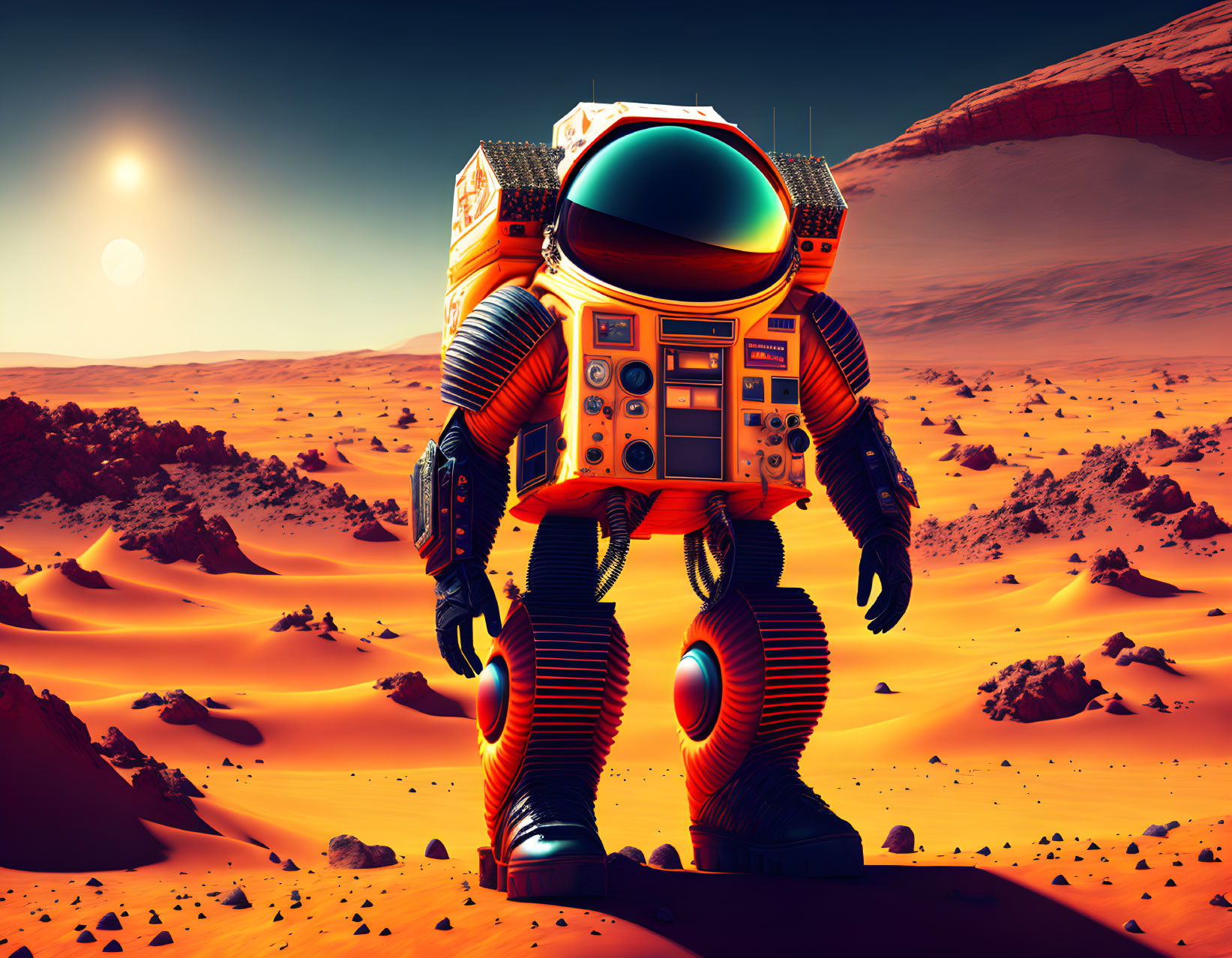 Astronaut exploring Mars-like terrain at sunset