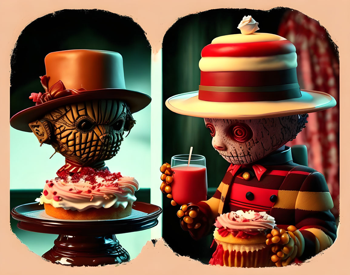 Stylized humanoid figures with button eyes and vintage outfits holding drinks and cupcakes