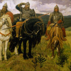 Four women on horseback in historical clothing under stormy sky