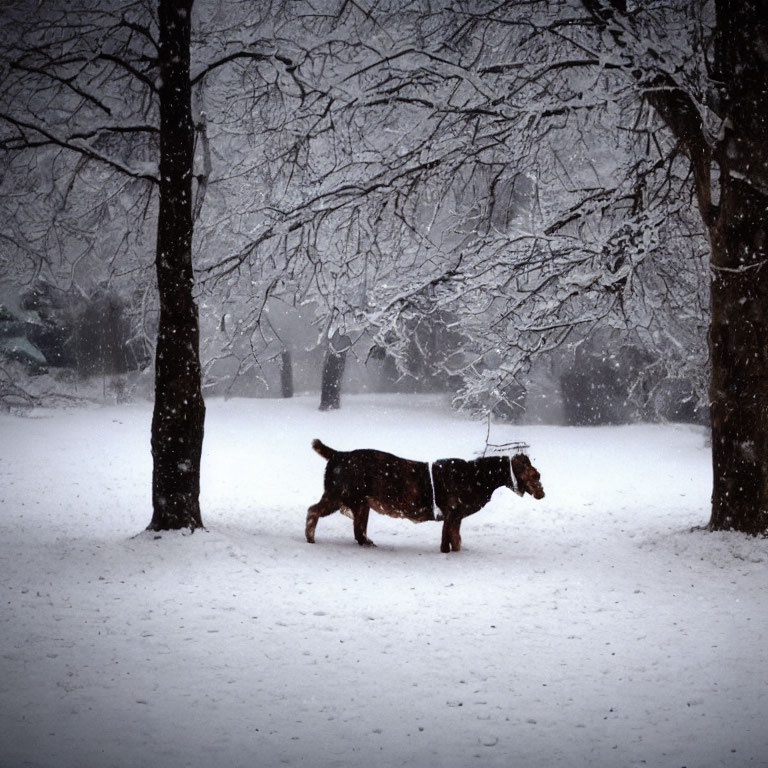 Snowy park scene: Solitary dog walking in serene snowfall