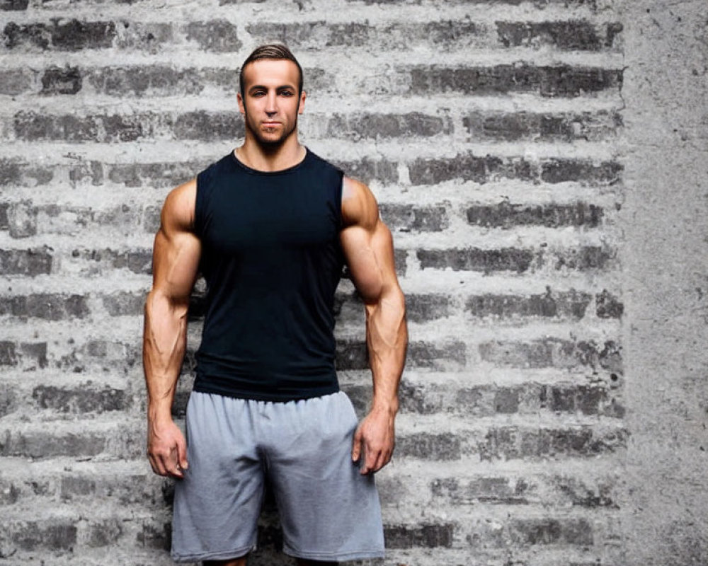 Muscular Man in Black Tank Top and Grey Shorts Against Grey Brick Wall
