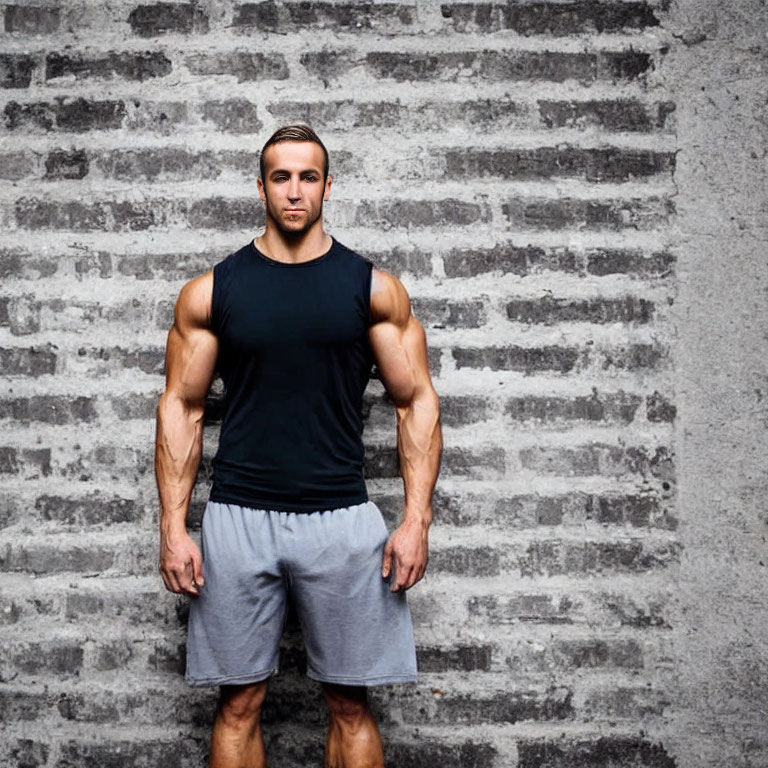 Muscular Man in Black Tank Top and Grey Shorts Against Grey Brick Wall