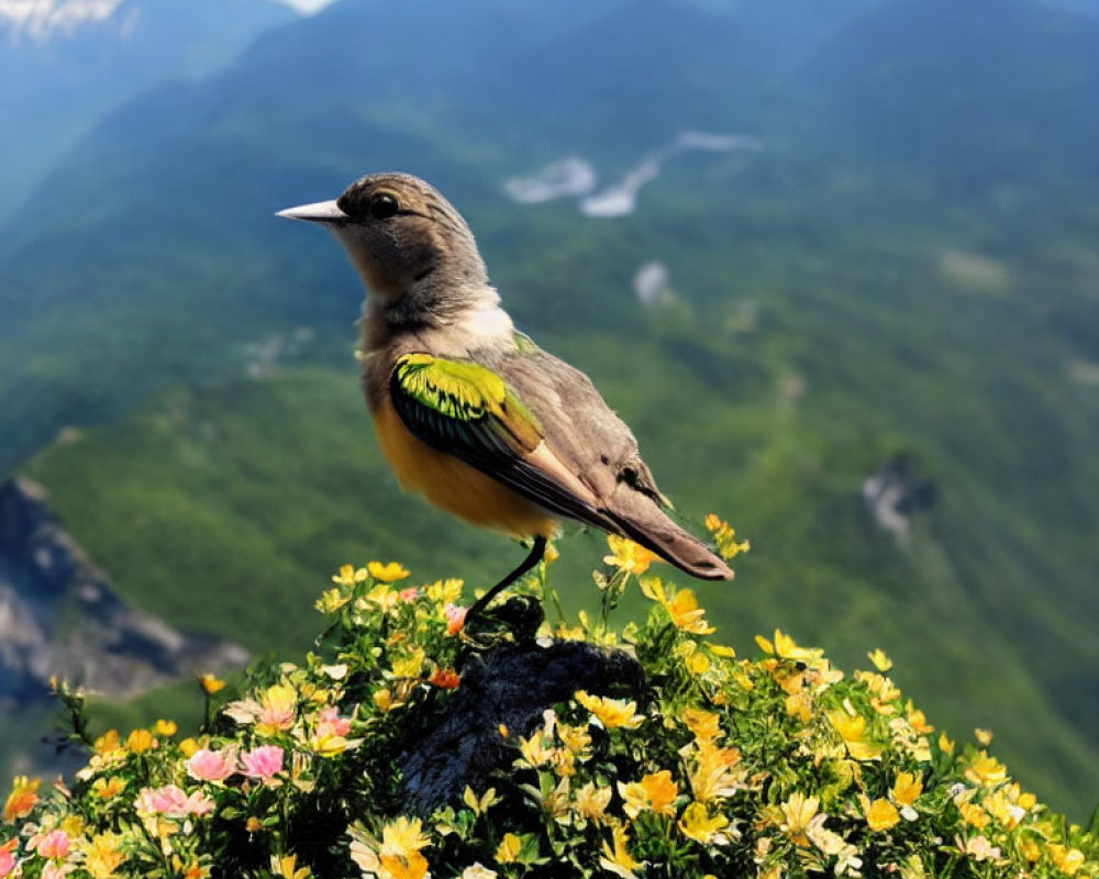 Yellow plumage bird perched on rock with flowers, majestic mountains.