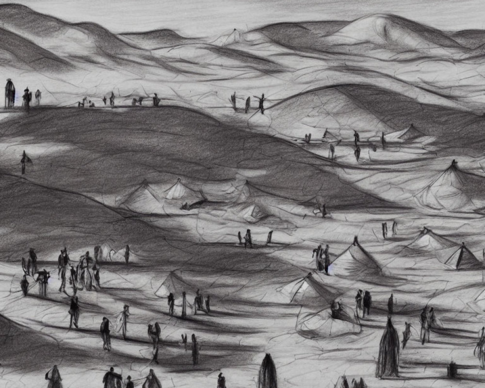Monochrome pencil sketch of bustling landscape with rolling hills and scattered people
