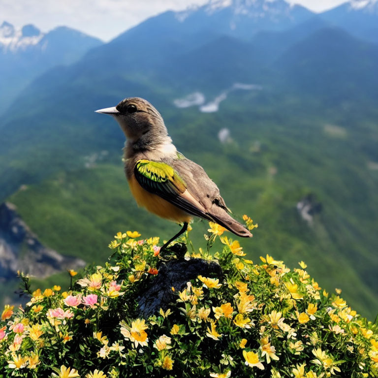 Yellow plumage bird perched on rock with flowers, majestic mountains.