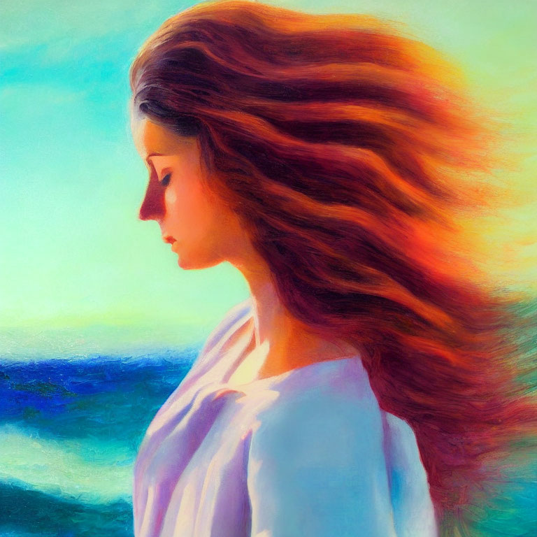 Profile portrait of woman with flowing hair against colorful seascape.