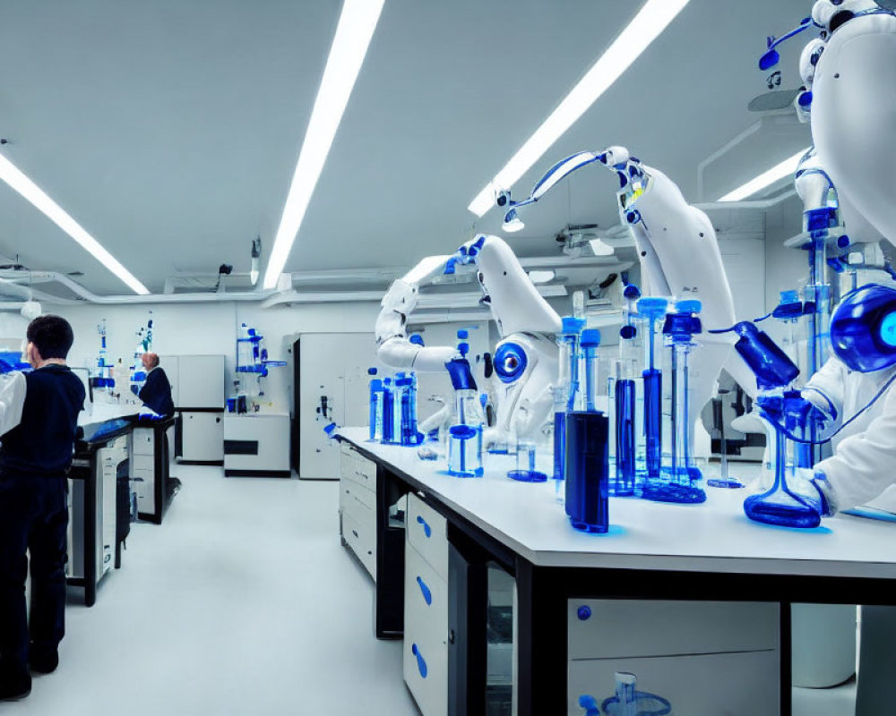 Futuristic laboratory with scientists and robotic arms in blue-tinted setting