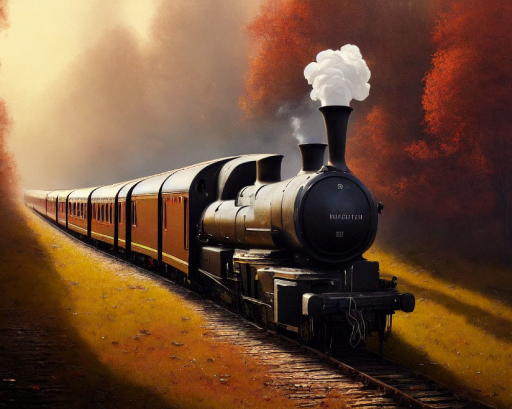 Vintage steam train in autumn landscape with golden leaves