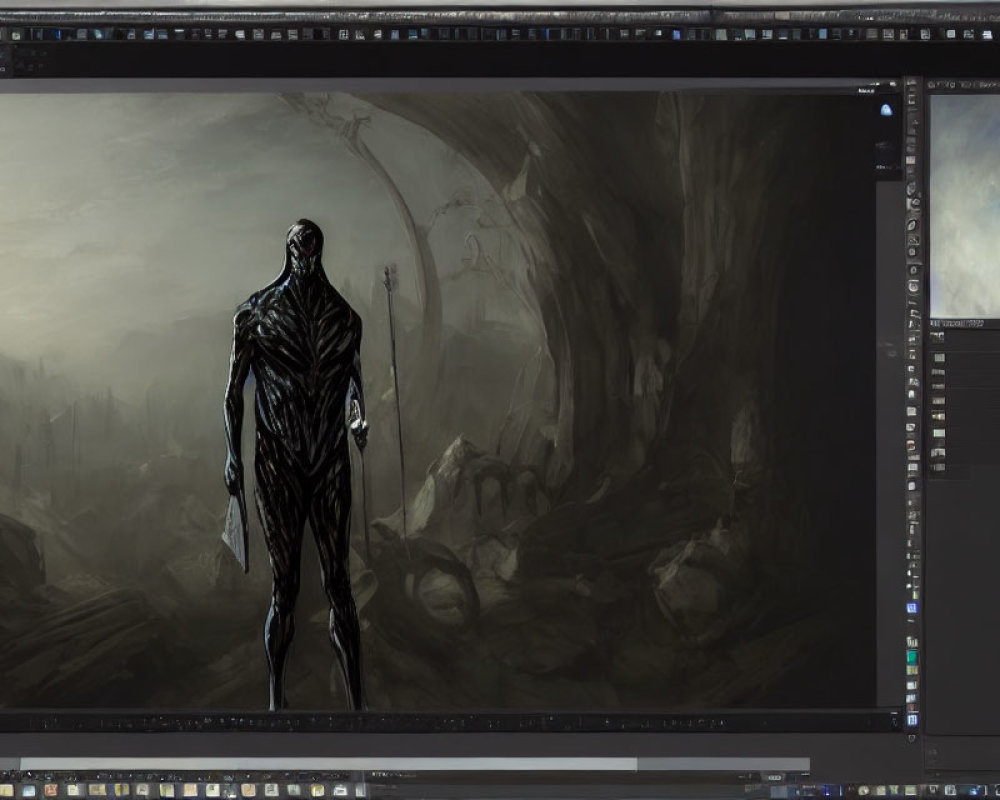 Dark humanoid figure in gloomy forest with digital painting interface.