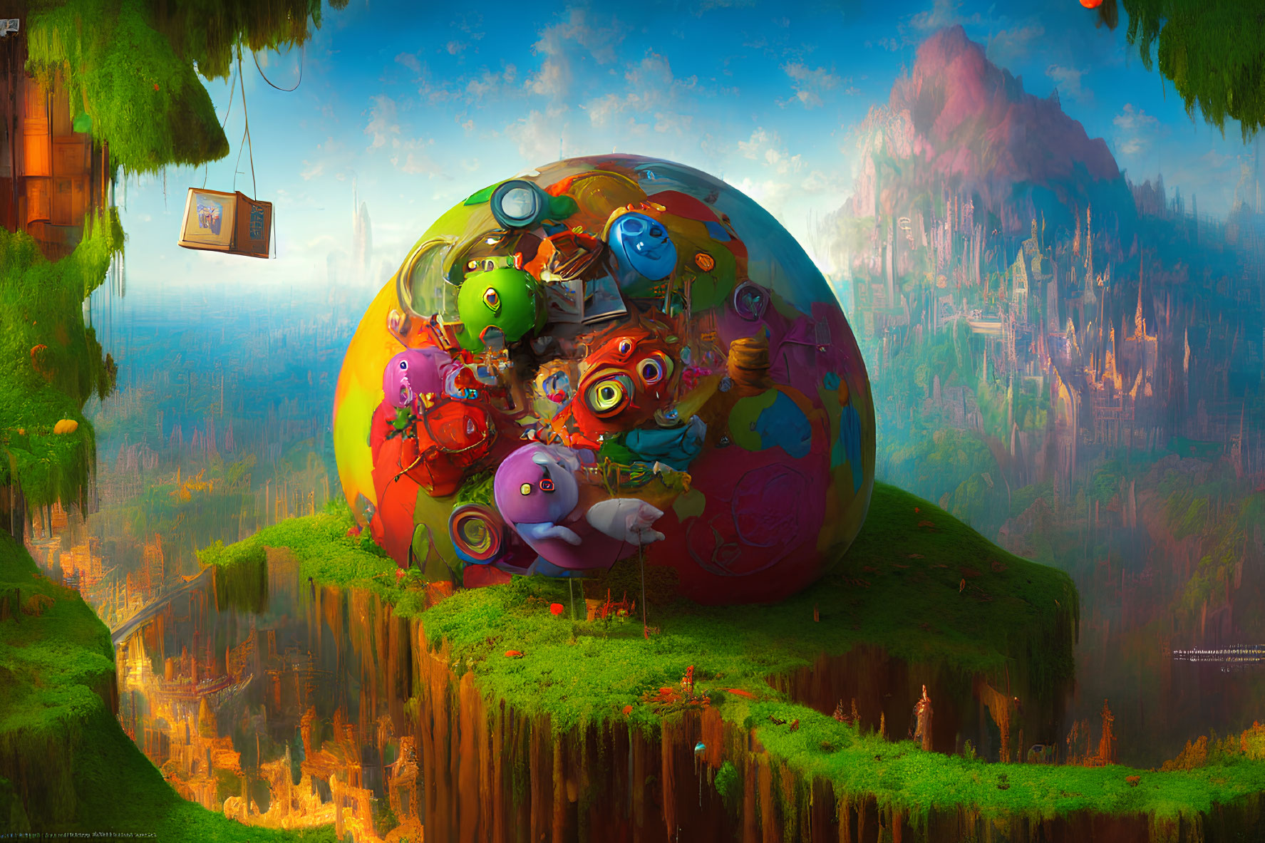 Colorful animated characters in whimsical landscape with spherical structure