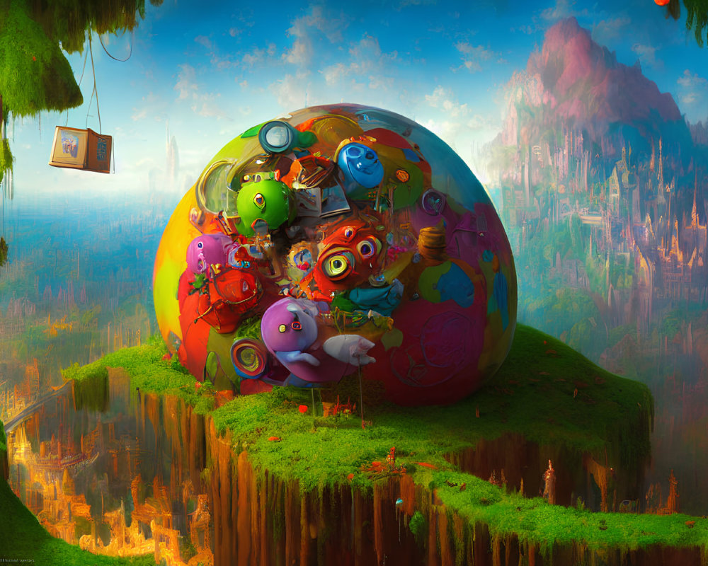 Colorful animated characters in whimsical landscape with spherical structure