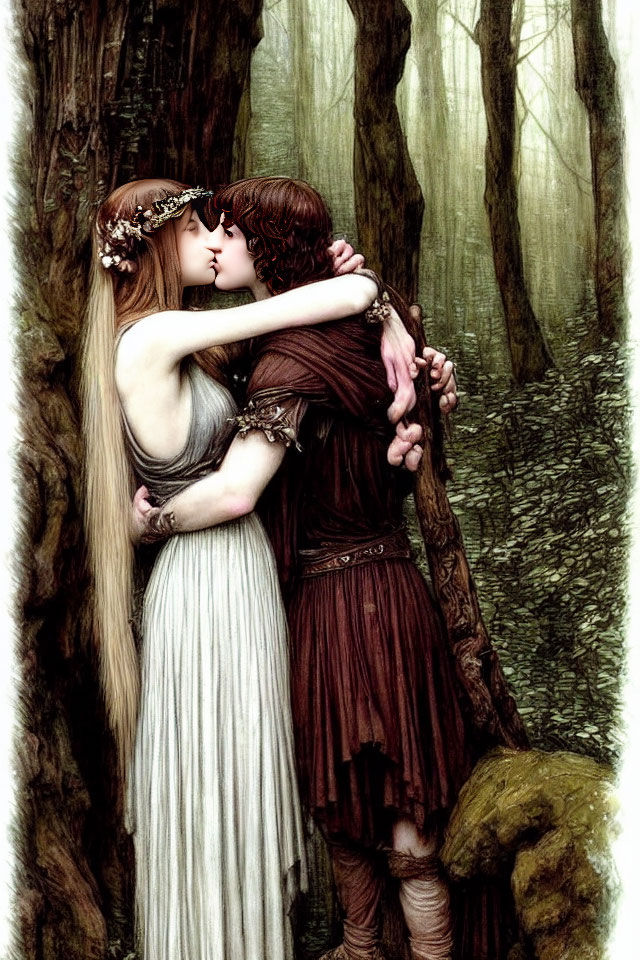 Romantic Couple Embracing and Kissing in Mystical Forest