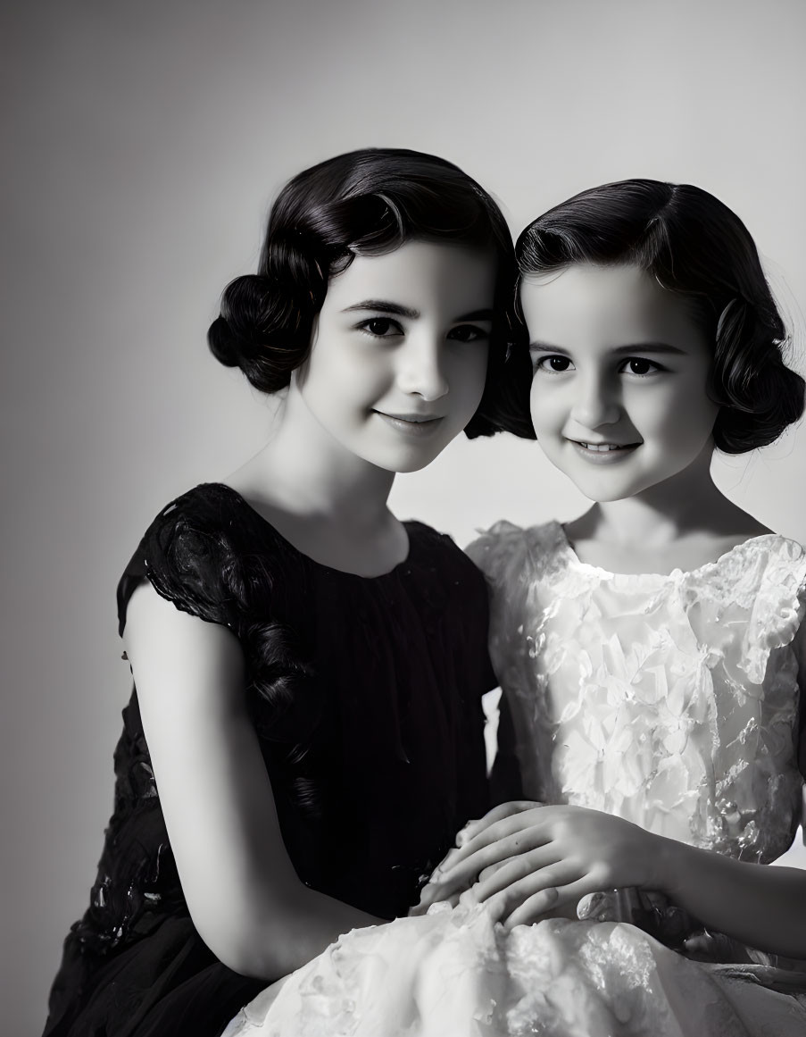 Two Girls in Elegant Black and White Dresses Smiling on Grey Background