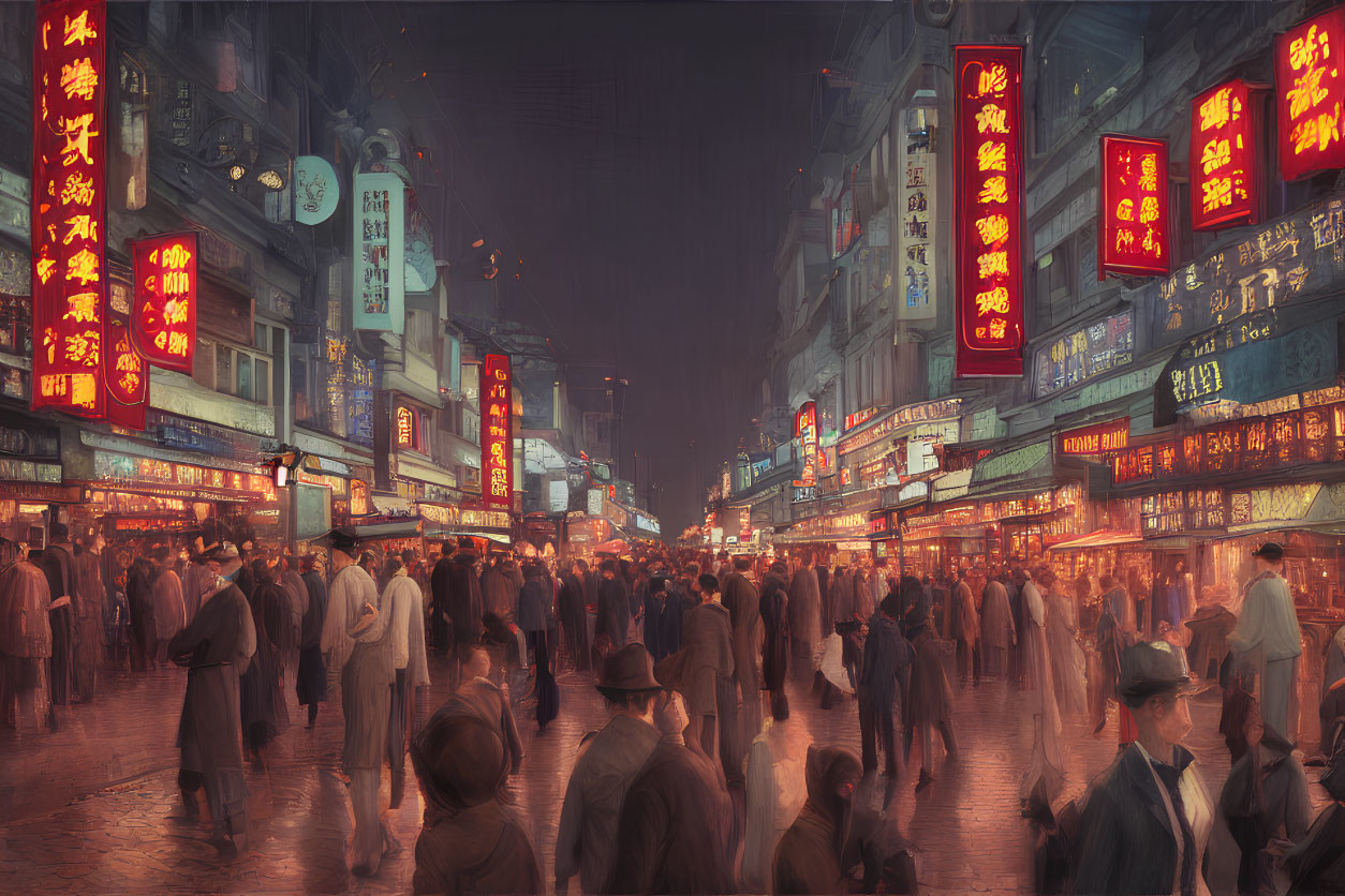 Vibrant retro-futuristic city street at night with crowds and neon signs