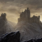 Group of People Standing Before Snowy Landscape with Ominous Castles