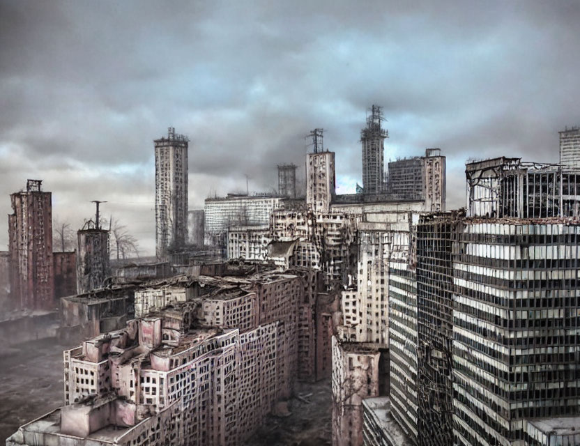 Dystopian cityscape with dilapidated high-rise buildings under gloomy sky