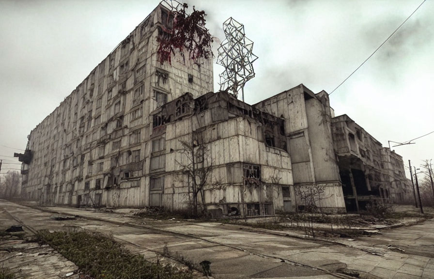 Abandoned multi-story building with broken windows and overgrown vegetation