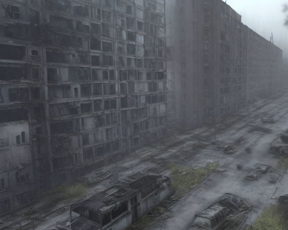 Desolate street with abandoned high-rise buildings and decaying vehicles in foggy setting