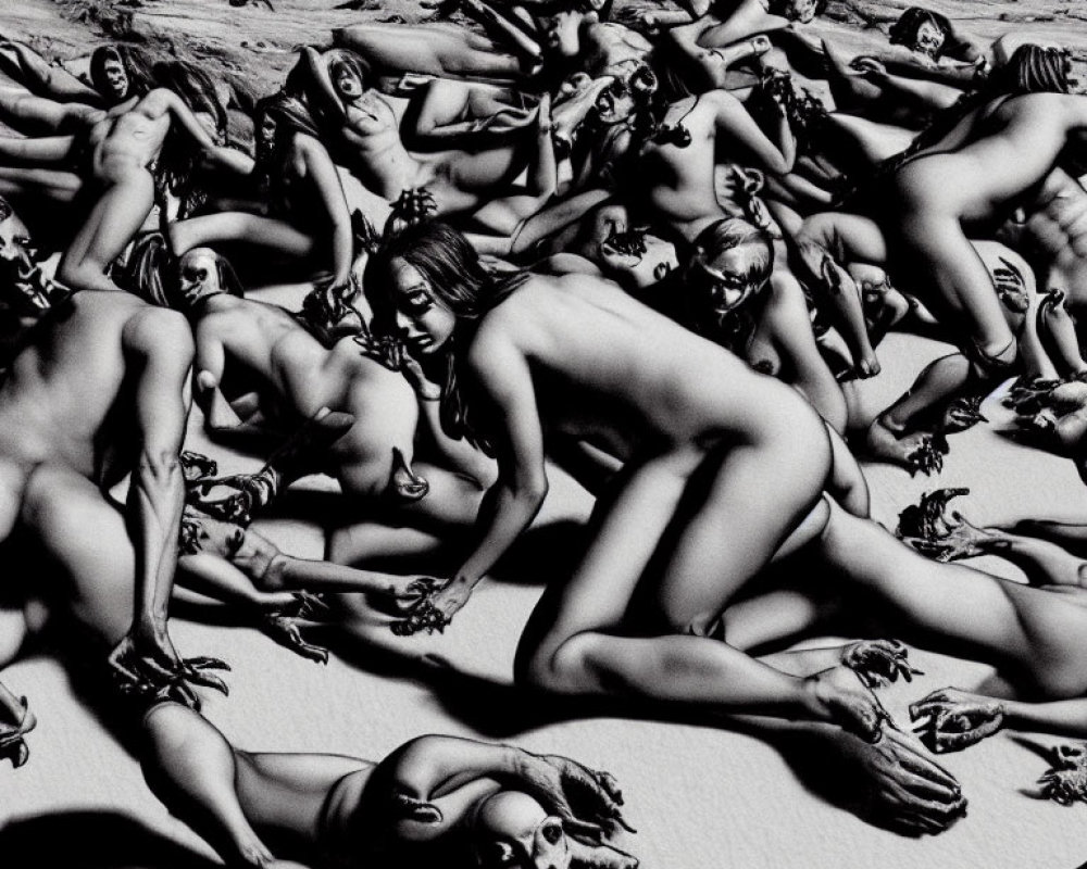 Monochromatic artwork of human figures in various poses