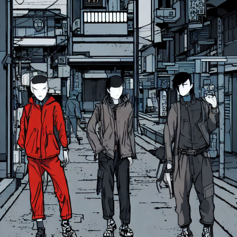 Three masked figures in colored athletic wear walking in urban alley