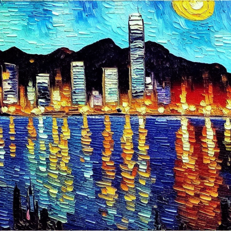 Vivid Impressionist City Skyline Reflection Painting at Night