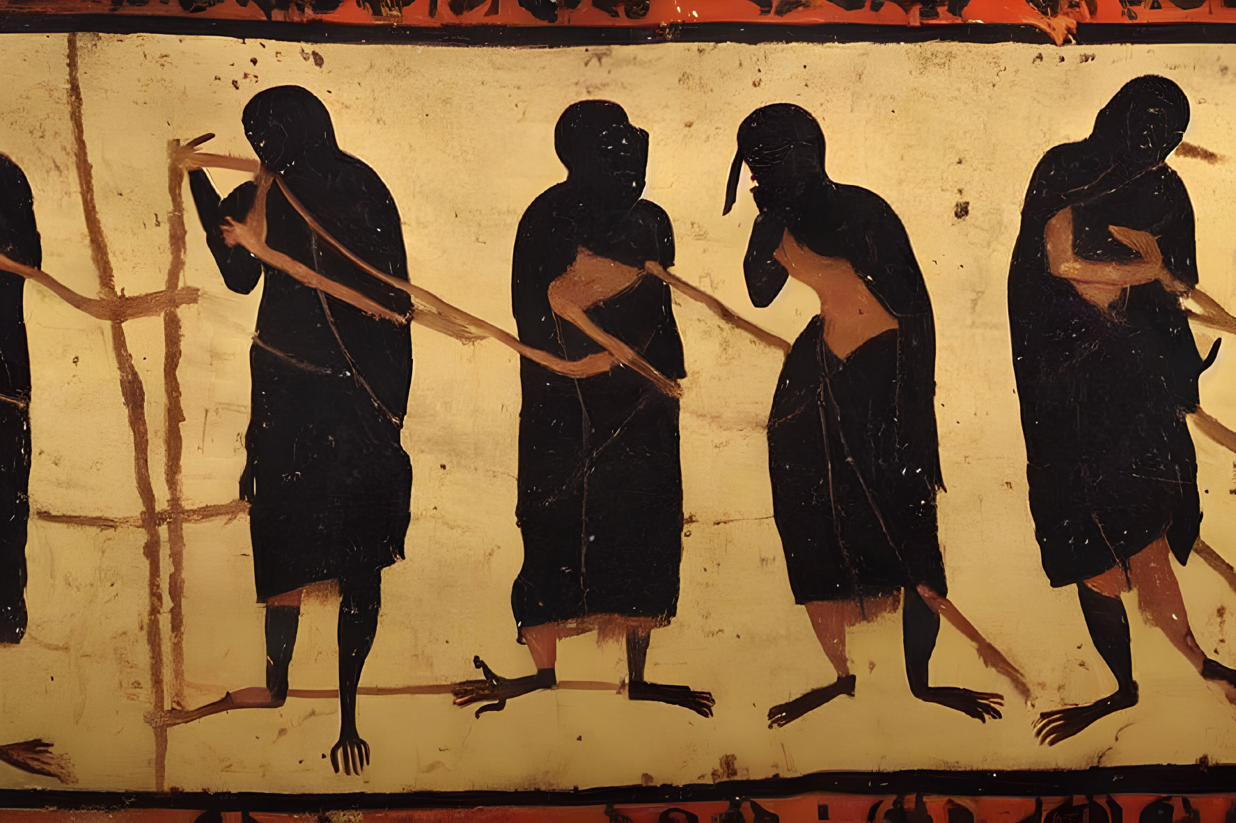 Ancient Greek vase painting of four figures with sticks on orange background