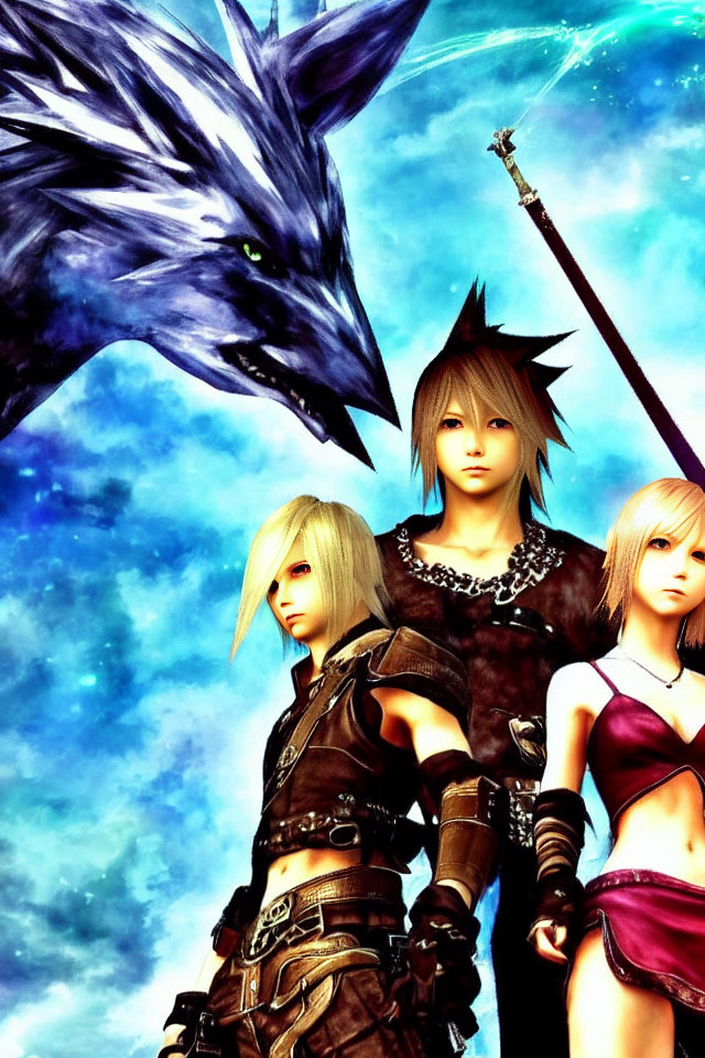 Three characters with unique hairstyles under celestial sky with large blue wolf head