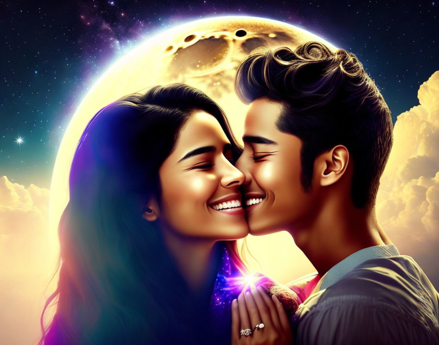 Romantic couple digital illustration with full moon and stars