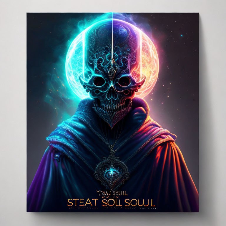 Colorful digital artwork: Skull with cosmic theme, half skeletal, half vibrant energy in purple hooded