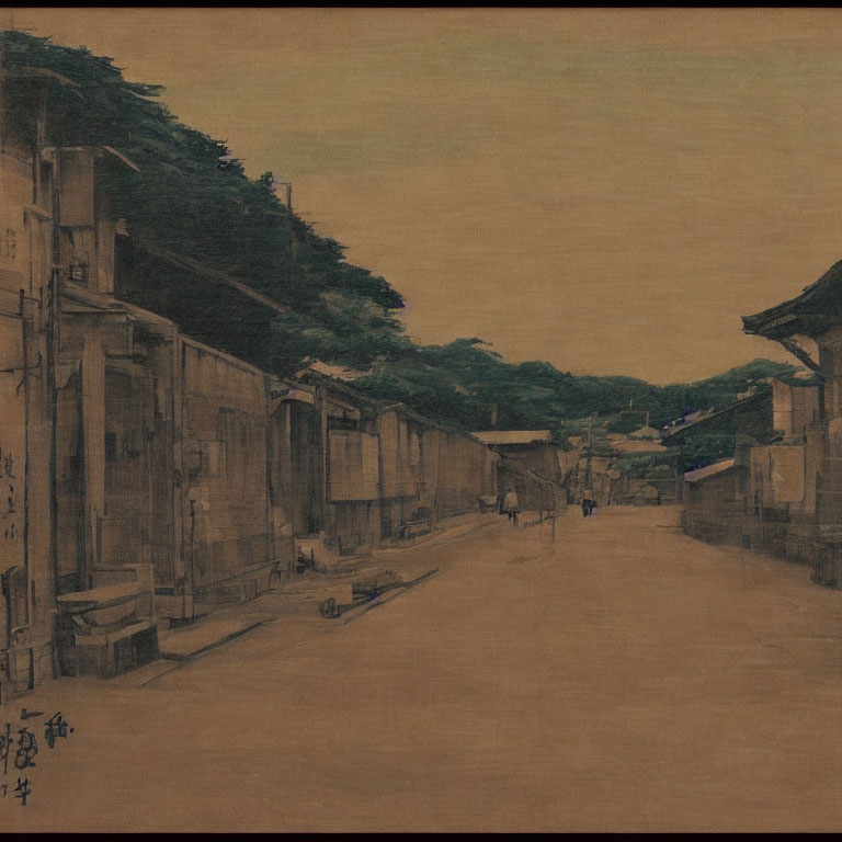 Vintage sepia-toned illustration of traditional houses on an old street with figures, lush trees, and